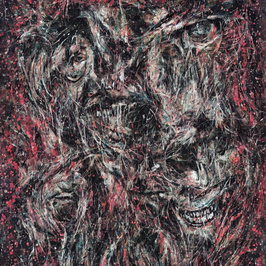 Image similar to camo made of teeth, smiling, abstract, francis bacon artwork, cryptic, dots, spots, stipple, lines, splotch, color tearing, pitch bending, faceless people, dark, ominous, eerie, hearts, minimal, points, technical, old painting, neon colors, folds