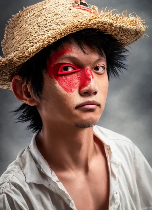 Image similar to A full portrait photo of real-life luffy one piece, f/22, 35mm, 2700K, lighting, perfect faces, award winning photography.