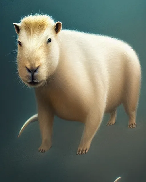 Image similar to complete and delicate portrait of a white capybara, beautiful, agile, fairy, myth, legend, detailed, trending on artstatioin, light effects, kilian eng, john harris, bastien lecouffe - deharme