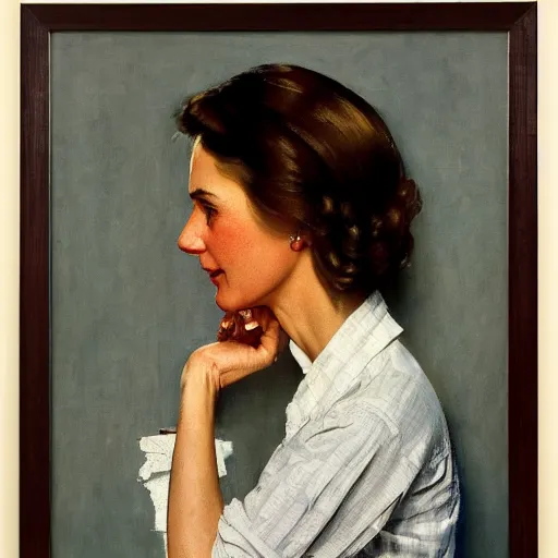 Prompt: head and shoulders portrait of woman, fully clothed, three quarter profile, norman rockwell, jacob collins, tom lovell, frank schoonover