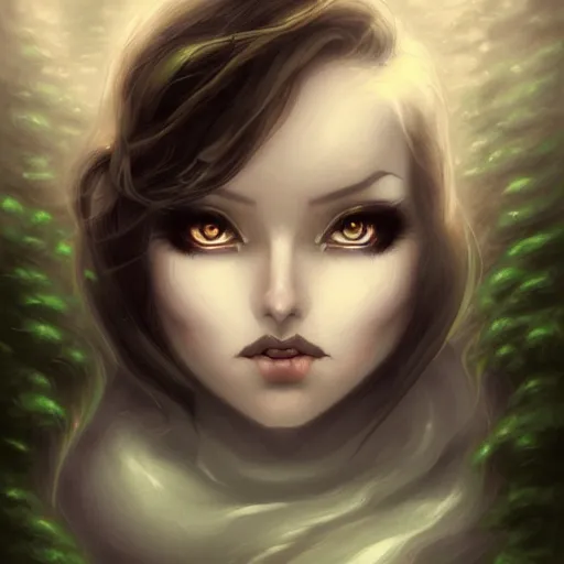 Prompt: in the style of artgerm, thomas kinkade, female ghost, flowing dress, symmetrical face, symmetrical eyes, in the woods, moody lighting, dark fantasy