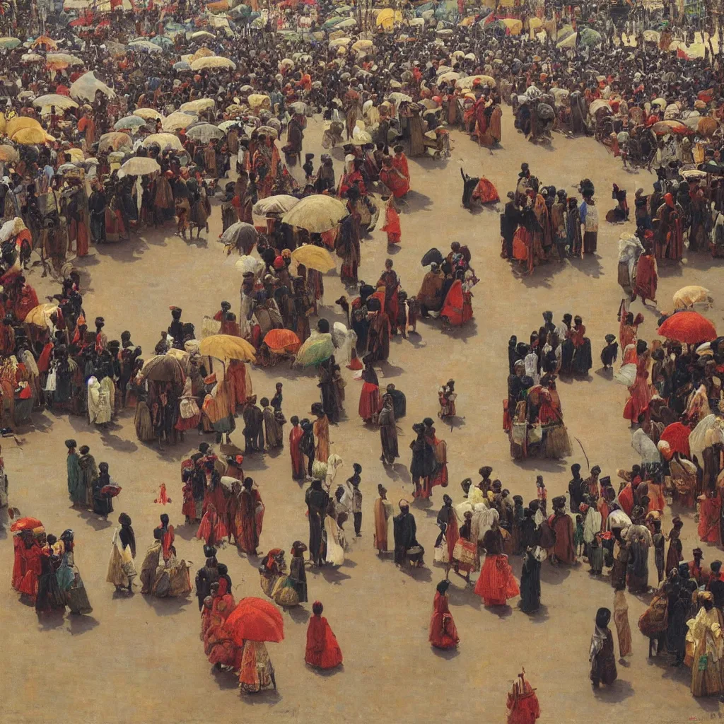 Prompt: dahomey officials with flat colorful umbrellas watching a parade in ahomey's huge main square, from above, 1905, highly detailed, oil on canvas, by ilya repin