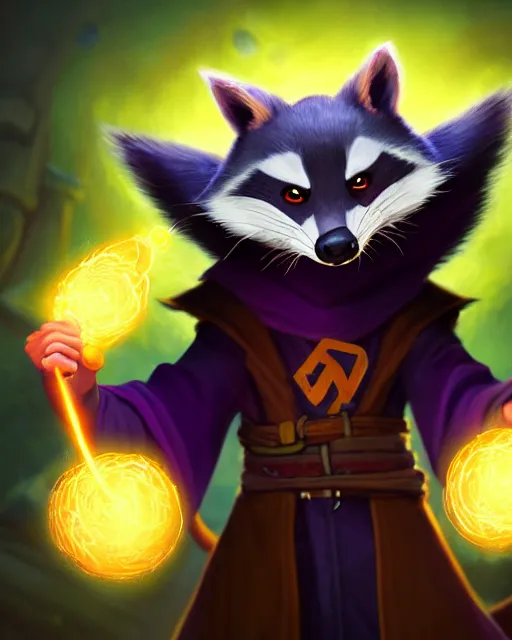Prompt: closeup, highly detailed digital illustration portrait of hooded sorcerer sly cooper raccoon casting a magical glowing spell in a castle, action pose, d & d, magic the gathering, by rhads, lois van baarle, jean - baptiste monge, disney, pixar,