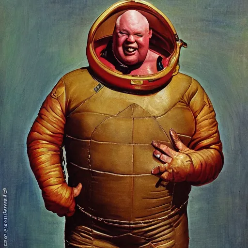 Prompt: upper body portrait of butterbean as baron harkonnen from the movie dune wearing a leather spacesuit finding something highly amusing, painted by norman rockwell and tom lovell and frank schoonover