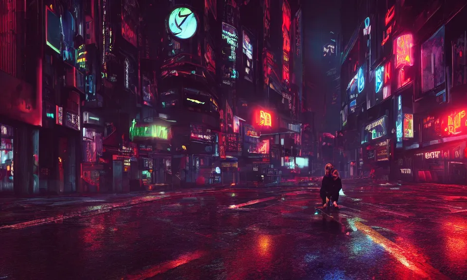 Image similar to a dark cyberpunk street scene with neon lights, raining, a lonely cyborg sits on the floor, unreal engine 5, shallow depth of focus, 4k uhd wallpaper