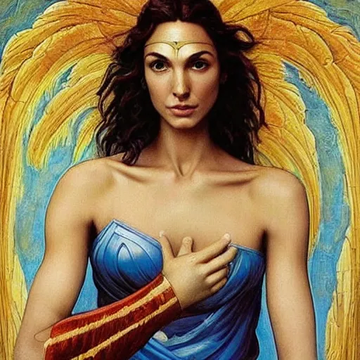 Image similar to Full body oil painting of the beautiful woman Gal Gadot, she is wearing a peplos and a surreal ornate, her hair is natural disheveled, she is approaching heaven, she is standing in some ancient ruins, naturalism, dramatic lighting, high-detailed oil painting by Ilya Repin, Michelangelo da Caravaggio, William Blake, Alex Grey and Beksinski, trending on Artsatio, hystorical painting, masterpiece, 4k, 8k,