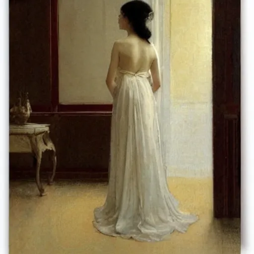 Image similar to asian girl with long hair, back view, wedding dress, by ramon casas