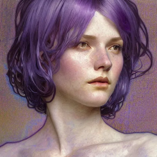 Image similar to A woman with violet hair and long pixie haircut in shorts and white shirt drawn by Donato Giancola and Jon Foster, frank frazetta, alphonse mucha, background by James Jean and gustav klimt, 4k, volumetric lighting, french nouveau, trending on artstation, octane render, hyperrealistic