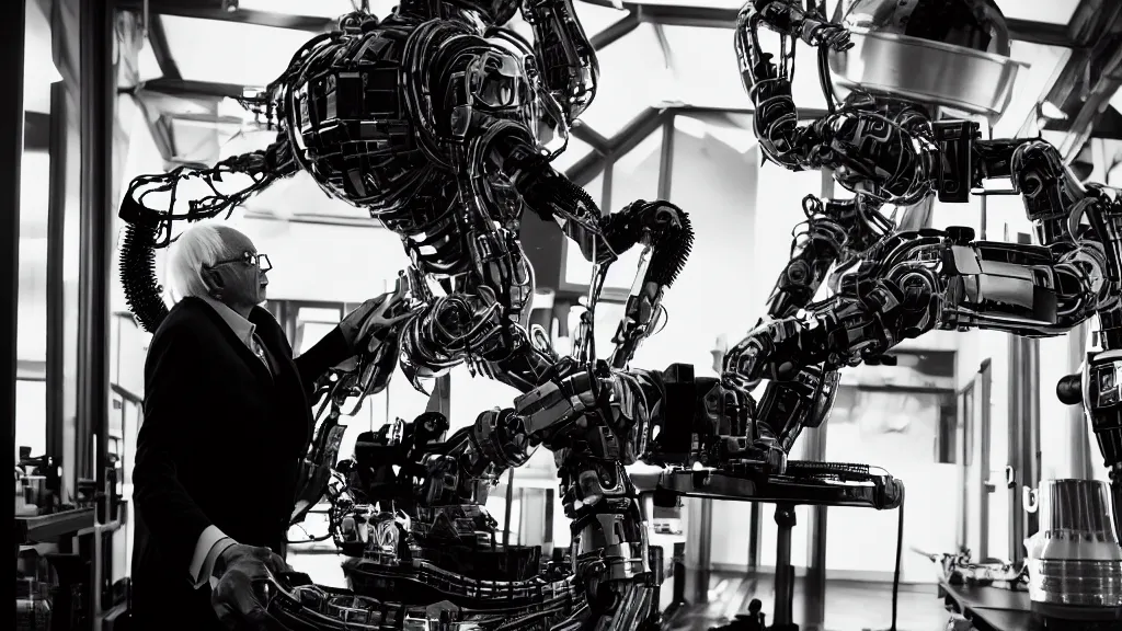 Image similar to bernie sanders putting the finishing touches on a complex magical clockwork doomsday robot, black and white photo, cinematic moody lighting, sharp focus