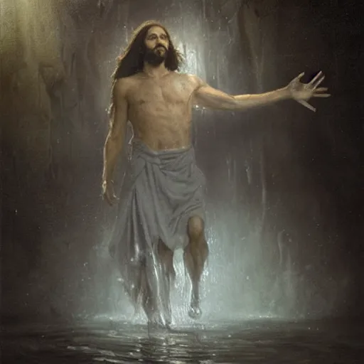 Prompt: painting of Jesus wading through a murky pool in a dark cave, surrounded by a vivid silver light, flowing royal robes with goly inlay, blood dripping from his hair, stern expression with a chiseled jaw and fiery eyes, by Jeremy Mann, stylized, detailed, realistic, loose brush strokes, intricate, cold