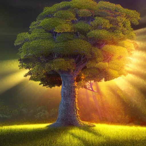 Image similar to a very detailed, highly rendered, highly photorealistic, spectacular, lively, warm tree standing in a thickly vegetated forest in a fantasy world, realistic, high definition, dreamlike light incidenc, holy light shining on it, during a colorful sunraise, award winning picture, trippy