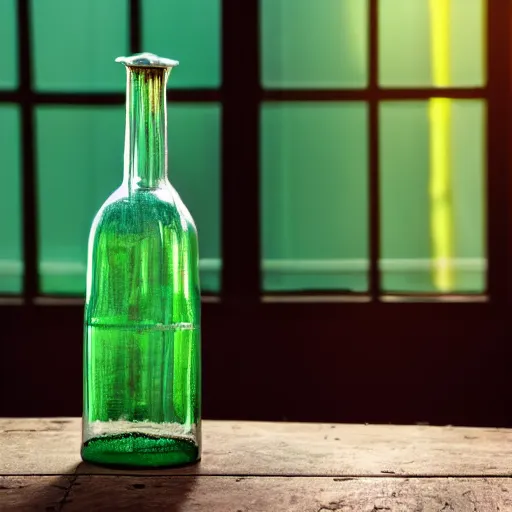 Prompt: bottle on wooden table, accurate, green glass, caustics, professional photograph