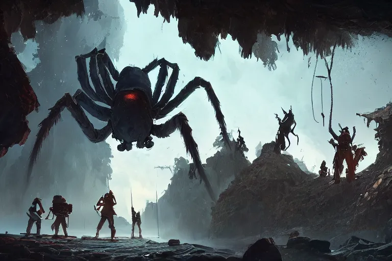 Prompt: an adventurer group with a giant spider behind them, epic, digital art in the style of Greg Rutkowski and Craig Mullins, 4k