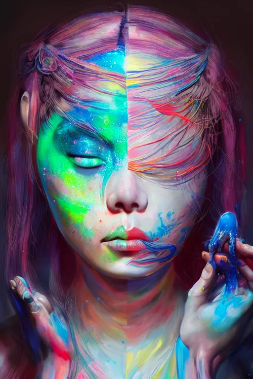 Prompt: hyperrealistic photography of a gorgeous girl pouring multicolored luminescent paint on her head in the style of jin kagetsu, james jean, chris cunninham, hans bellmer and wlop, highly detailed, face symmetry, masterpiece, award - winning, sharp focus, intricate concept art, ambient lighting, 8 k, artstation