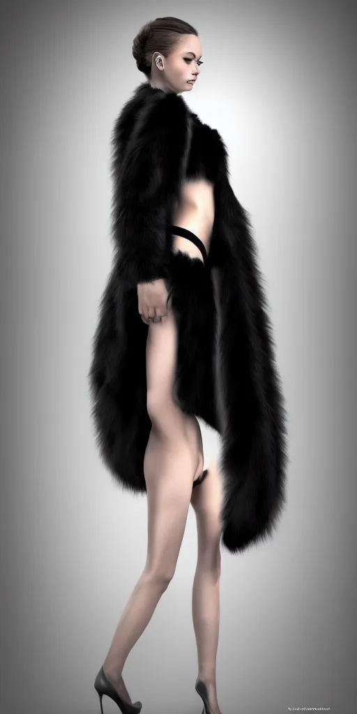 Image similar to full body aesthetic digital illustration of a beautiful young woman wearing a black fur coat standing in a white room, by wlop and Julia Razumova, realistic, photorealistic, hyperrealistic, unreal engine, cosplay, octane, deviantArt, trending on artstation, artstation HQ