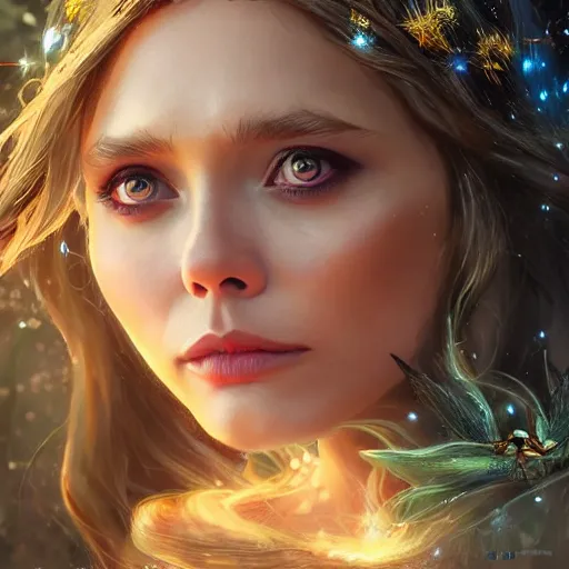 Image similar to elizabeth olsen as the goddess of fairies!!!!!!, golden ratio!!!!!, centered, trending on artstation, 8 k quality, cgsociety contest winner, artstation hd, artstation hq, luminous lighting