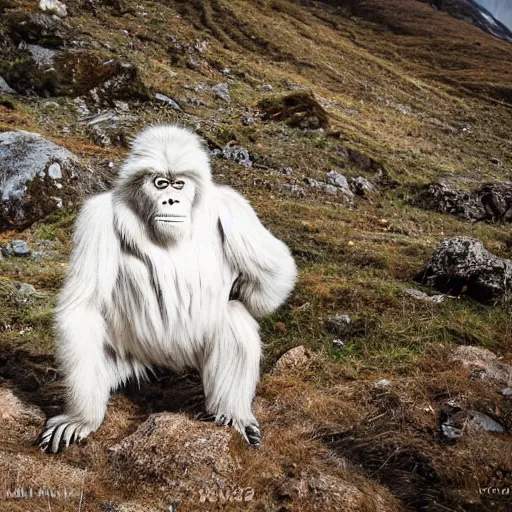 Image similar to a yeti in a remote part of the himalayan mountains, bold natural colors, national geographic photography, masterpiece, in - frame, canon eos r 3, f / 1. 4, iso 2 0 0, 1 / 1 6 0 s, 8 k, raw, unedited, symmetrical balance