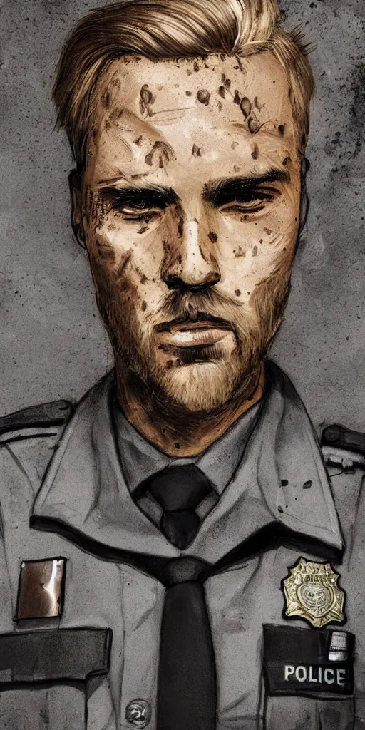 Image similar to portrait of a blonde police officer with short hair and a patchy beard, close up, grimy streets backgrop, detailed, art by loran desore