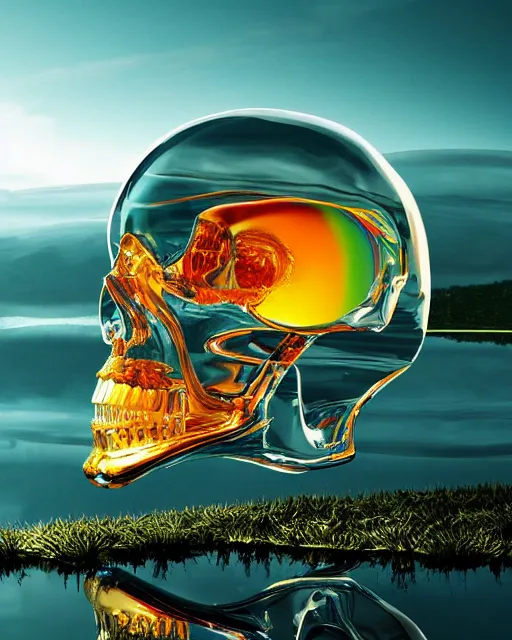 Prompt: a giant clear glass skull, floating high above a mirrored lake, hyper realistic, coherent design, symmetrical, vivid color, complementary color, golden ratio, detailed, sharp lines, intricate, rainbowshift, in unreal engine, nvidia optix, octane render