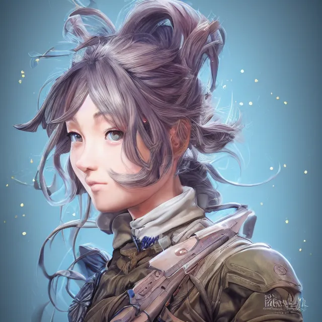 Image similar to the portrait of lawful neutral semi - colorful female infantry gunner as absurdly beautiful, gorgeous, elegant, young anime girl, an ultrafine hyperdetailed illustration by kim jung gi, irakli nadar, intricate linework, bright colors, octopath traveler, final fantasy, unreal engine 5 highly rendered, global illumination, radiant light, detailed and intricate environment