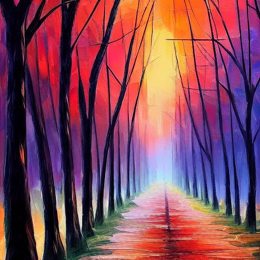 Prompt: tree-lined path at sunset, by Aenami Alena and Afremov Leonid