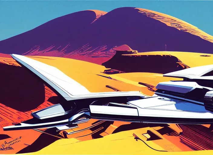 Prompt: a spaceship in a stunning landscape by syd mead