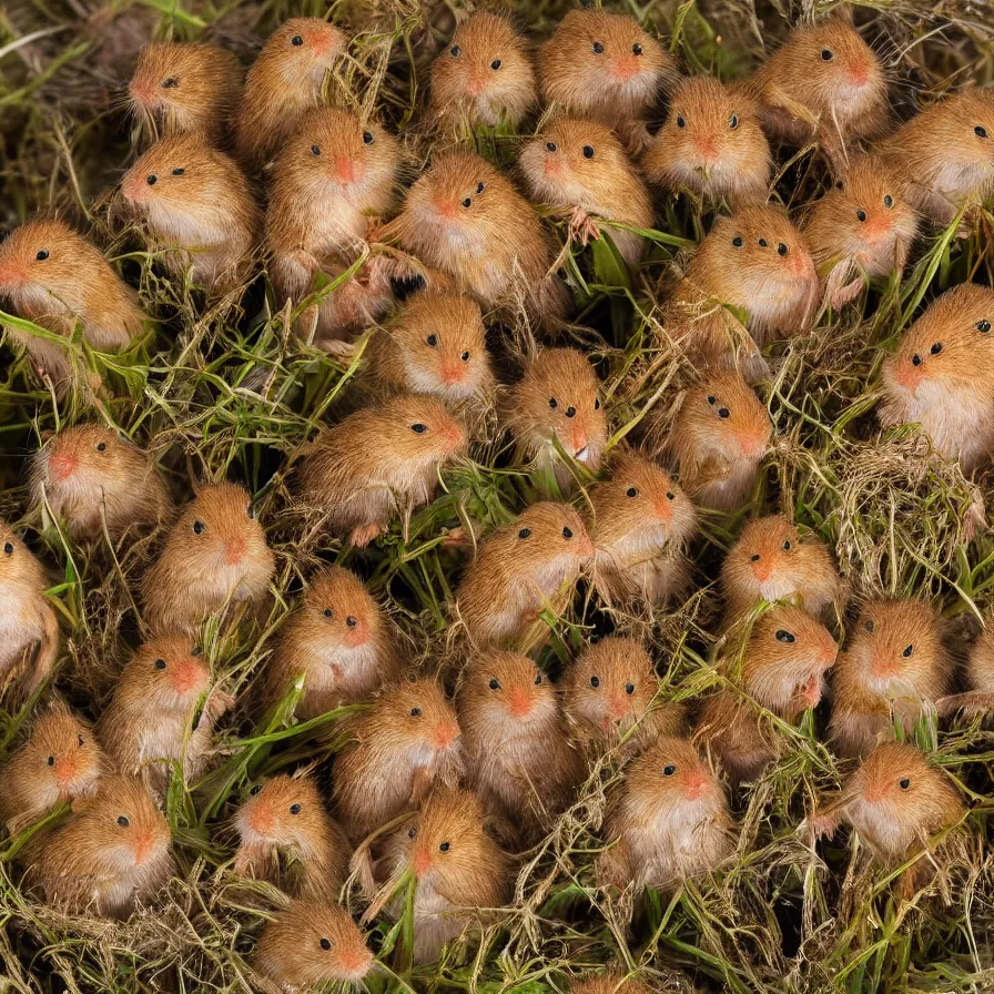 Image similar to a bouquet of harvest mice, high definition, national geographic, award winning, god rays, 8k, 35mm wide angle photograph