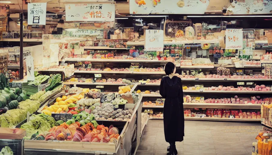 Prompt: photography of a woman grocer with frock, looks like ziyi zhang ， ponytail, grocery store around, winter, anime style character, clean soft lighting, backlit beautiful face, clean brush stroke, 8 k character concept art, by wolp and artgerm ， 3 d