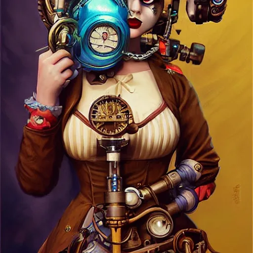 Image similar to lofi bioshock steampunk portrait of harley quinn, Pixar style, by Tristan Eaton Stanley Artgerm and Tom Bagshaw.