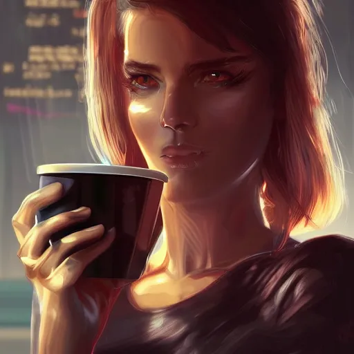 Image similar to portrait of a good-looking female software developer having a cup of coffee. cyberpunk style, digital art artstation cgsociety