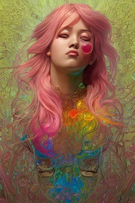 Prompt: rainbow skin gummy haribo bear, anime, face, fantasy, intricate, elegant, highly detailed, digital painting, artstation, concept art, smooth, sharp focus, illustration, art by artgerm and greg rutkowski and alphonse mucha