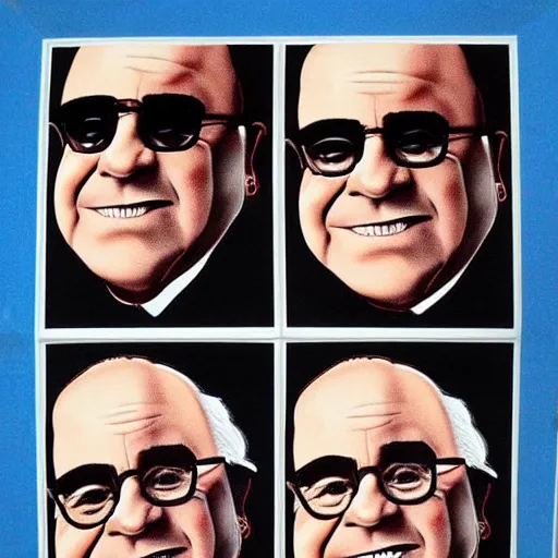 Image similar to variety pack of danny devito mugs , codex, rich colored ink, detailed, cinematic,