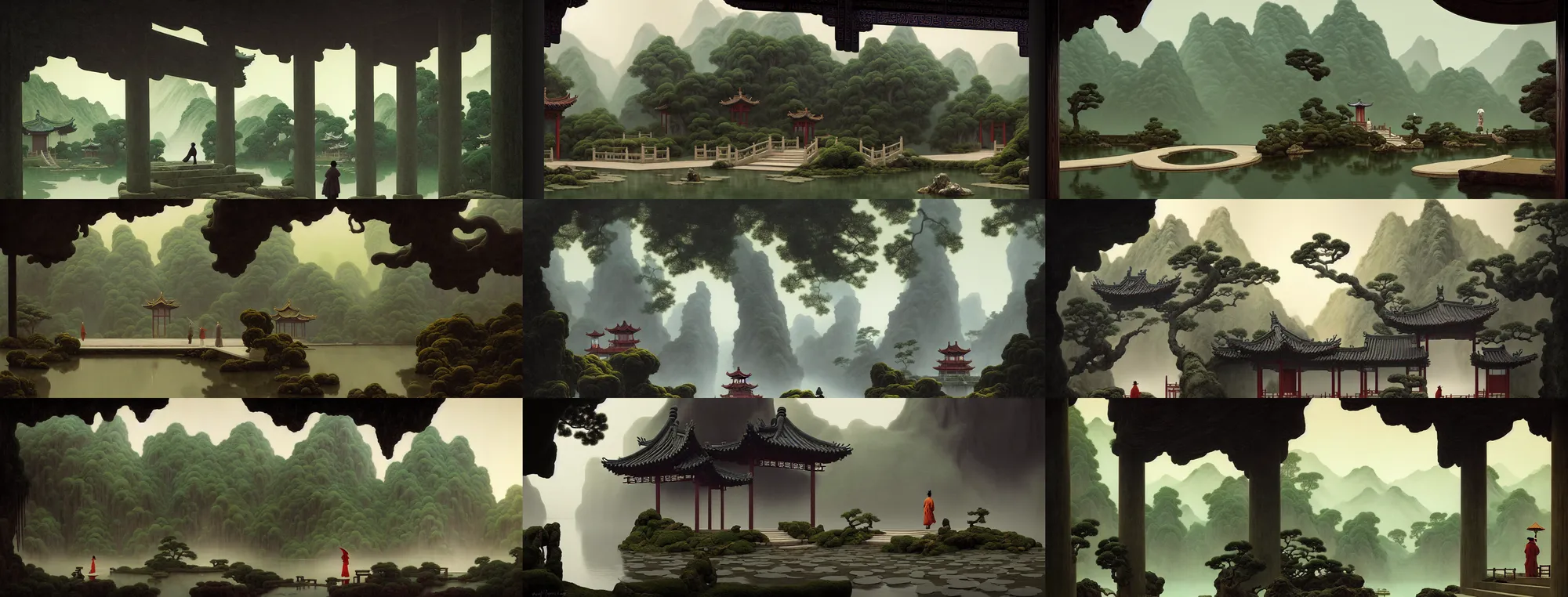 Prompt: a gorgeous landscape painting by barlowe wayne, maxfield parrish and marco mazzoni. chinese temple. rainy mood!! a lonely chinese wuxia walks on the winding stone steps, stone gate to the dark cave, 3 d, octane render, turbulent lake, fog, 8 k.