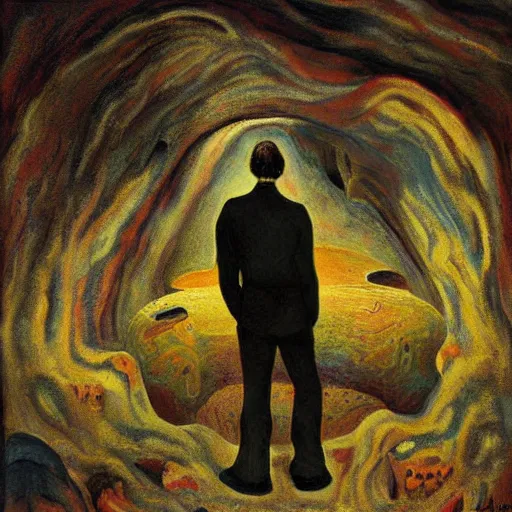 Image similar to a painting of a man standing in front of a cave, a surrealist painting by nikolai astrup, deviantart, psychedelic art, lovecraftian, cosmic horror, poster art