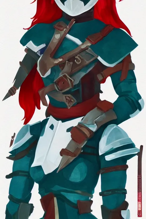 Image similar to female adventurer in tight full - body teal leather armor of japanese design with red accents and a white porcelain crow mask, trending in artstation, japanese, establishing shot