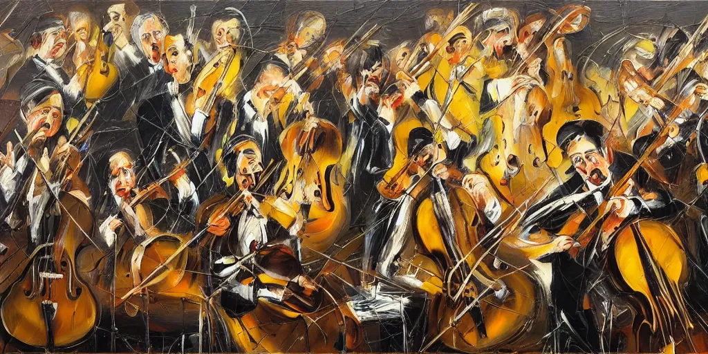 Prompt: an ultra detailed oil painting which interprets the harmony of a symphony, instruments, orchestra, sheet music, pierre soulages, jackson pollock, triadic color scheme