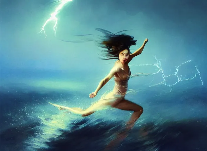 Prompt: seductive lee jin - eun running on water at super speed, emerging from multiversal galactic portal, splashes of lightning behind her, zooming past a jet, by ilya kuvshinov, peter mohrbacher, ruan jia, and james jean, aivazovsky, rule of thirds, coherent symmetry, close up, majestic, beautiful eyes