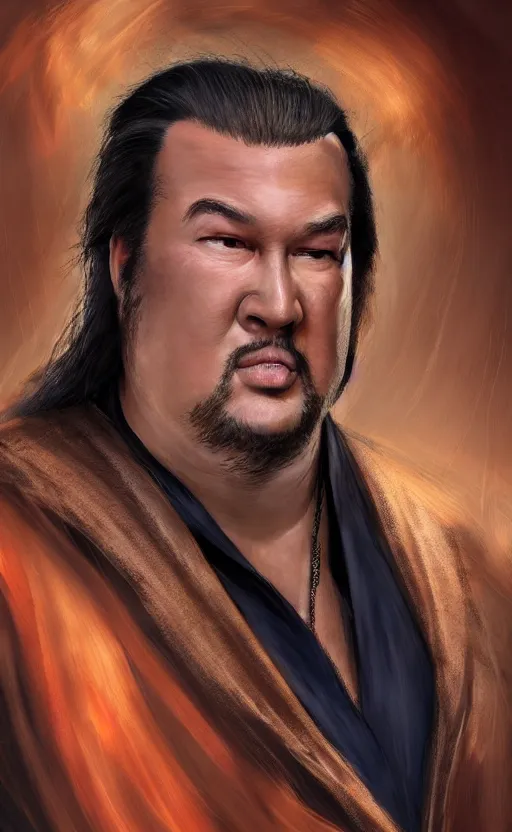 Image similar to fat steven seagal with wild hair and bright eyes. he's wearing a flowing bathrobe made of light, airy fabric and he has a mischievous look on his face, dynamic lighting, photorealistic fantasy concept art, trending on art station, stunning visuals, creative, cinematic, ultra detailed