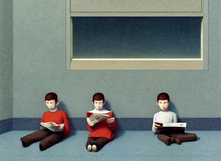 Prompt: a very boring day in school, kids faced away, all wearing identical clothes and reading newspapers, painting by quint buchholz and ray caesar, muted colors, gray, dull, boring, low energy, pale blue faces, very detailed, very coherent