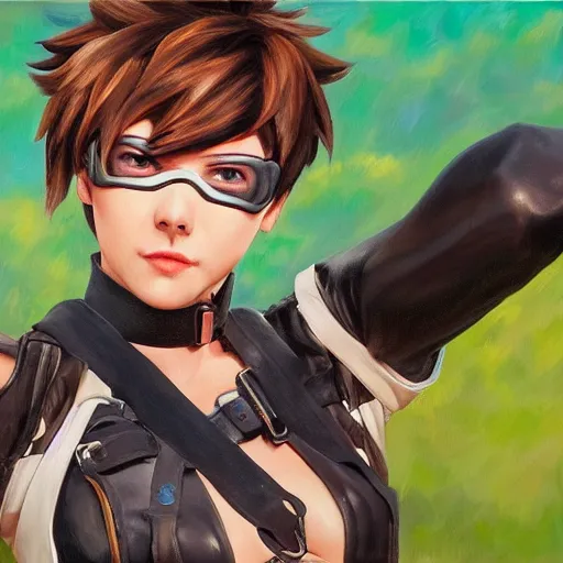 Image similar to oil painting of tracer overwatch in a field wearing very large black leather belt choker collar around neck, in style of mark arian, expressive face, very detailed face, very detailed eyes, belt around neck, full body, feminine face, tracer overwatch,