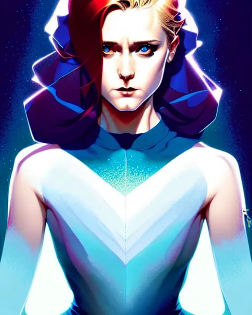 Image similar to artgerm, joshua middleton comic cover art, full body pretty evan rachel wood ice queen, symmetrical eyes, symmetrical face, long curly blue hair, icy forest, chiral lighting