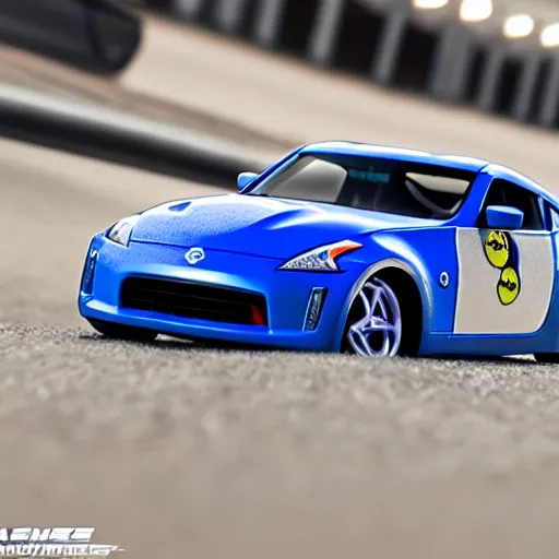 Image similar to a nissan 3 6 0 z in acceleracers hotwheels, glowing blue wheels, professional photography, wide - angle