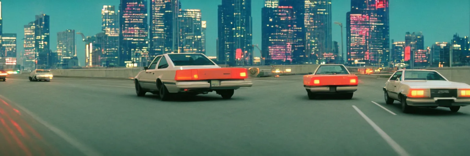Prompt: 8 0 s neon movie still, high speed car chase on the highway with city in background, medium format color photography, 8 k resolution, movie directed by kar wai wong, hyperrealistic, photorealistic, high definition, highly detailed, tehnicolor, anamorphic lens, award - winning photography, masterpiece