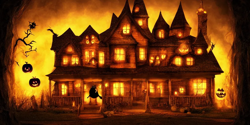 Image similar to halloween, trick or treat, monster house, poster, 3 d, studio lighting, digital art