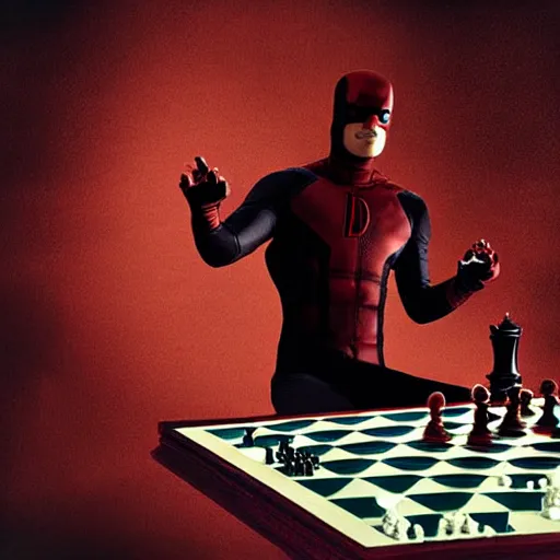 Image similar to daredevil playing chess, octane, realistic photograph, marvel