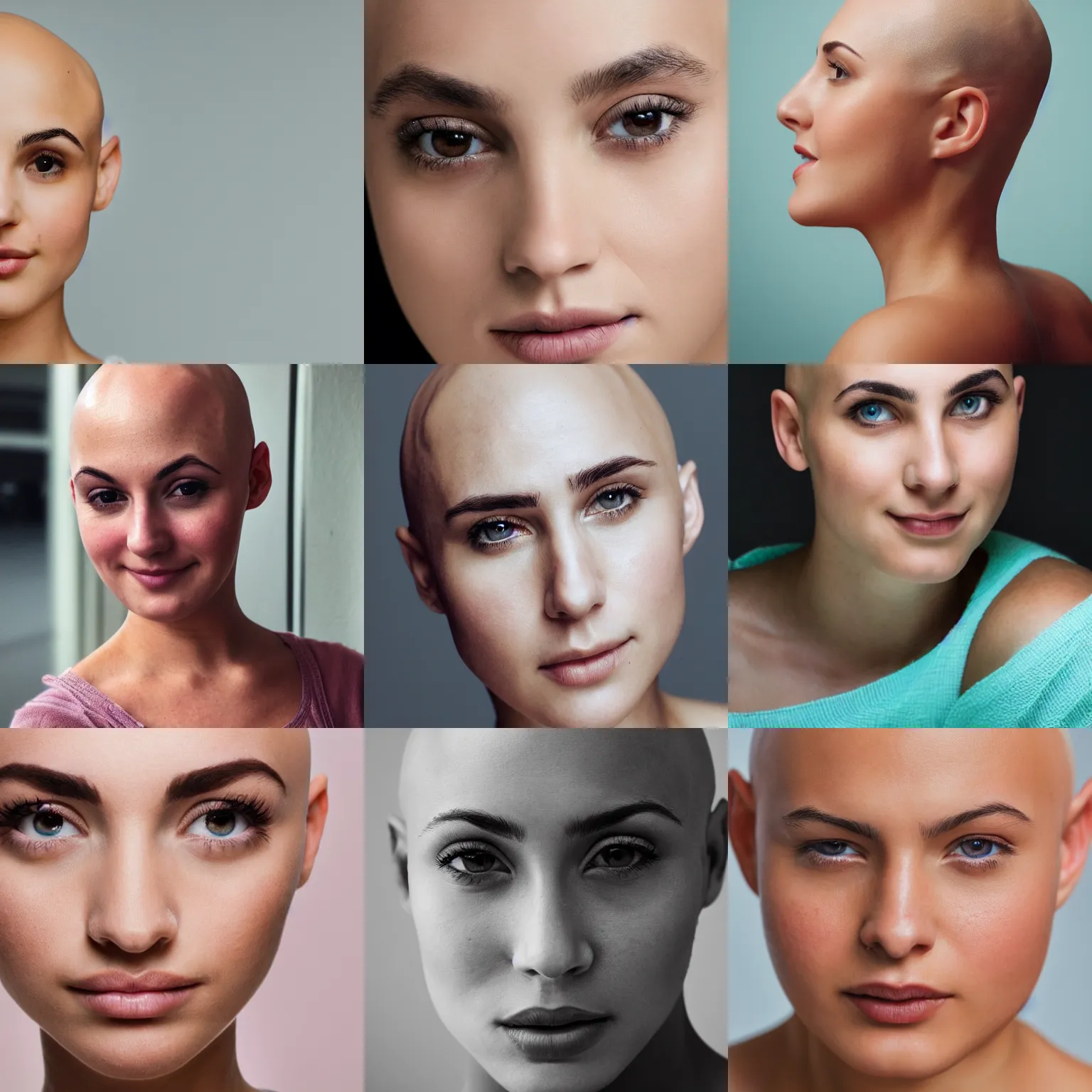 Prompt: closeup photo of a very beautiful young bald woman