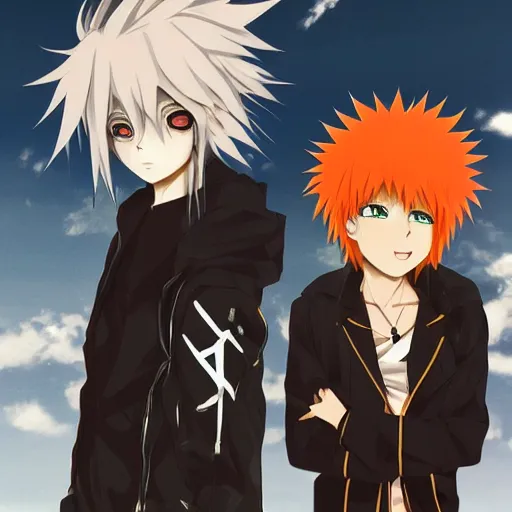 Prompt: orange - haired anime boy, 1 7 - year - old anime boy with wild spiky hair, standing next to 1 7 - year - old pale - skinned persian girl with black hair long bob cut, long bangs, black gothic jacket, ultra - realistic, sharp details, subsurface scattering, blue sunshine, intricate details, hd anime, 2 0 1 9 anime