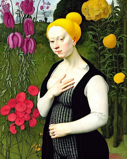 Image similar to portrait of a curvy woman with yellow hair buns, wearing a black raincoat and leggings, standing in a garden full of plants and flowers, intricate details, high detail, in the style of rogier van der weyden and jacopo da pontormo, punk