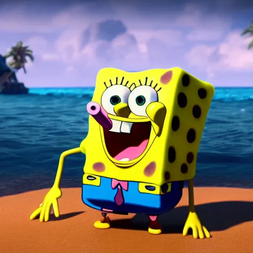 Prompt: SpongeBob in the role of Keanu Reevez. Octane render, 4k, 8k, unreal 5, very detailed, hyper realism, trending on artstation.