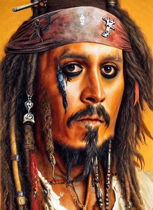 Image similar to Painting of Jack Sparrow. Art by Giuseppe Arcimboldo. During golden hour. Extremely detailed. Beautiful. 4K. Award winning.